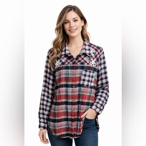 Women’s Patchwork Plaid Flannel Shirt Button Up Boho Top